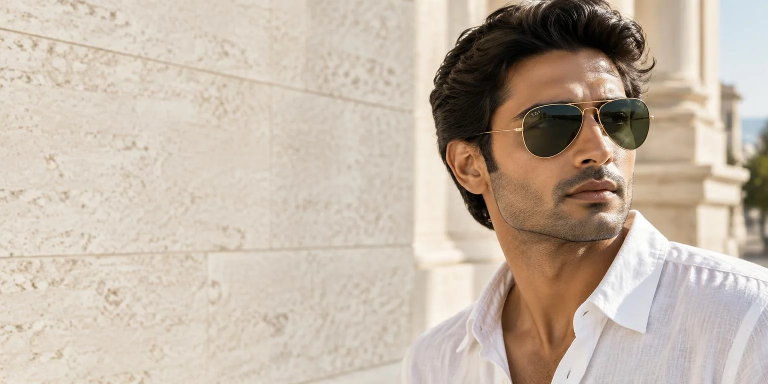 A man wearing gold aviator sunglasses
